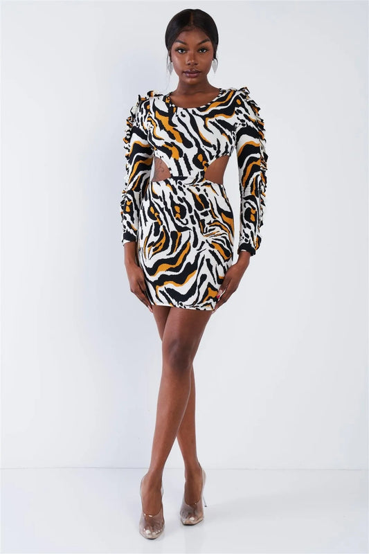 Yellow Zebra Cut-Out Flounce Sleeve Trim Mini Dress /2-2-2 - Tasha Apparel Wholesale