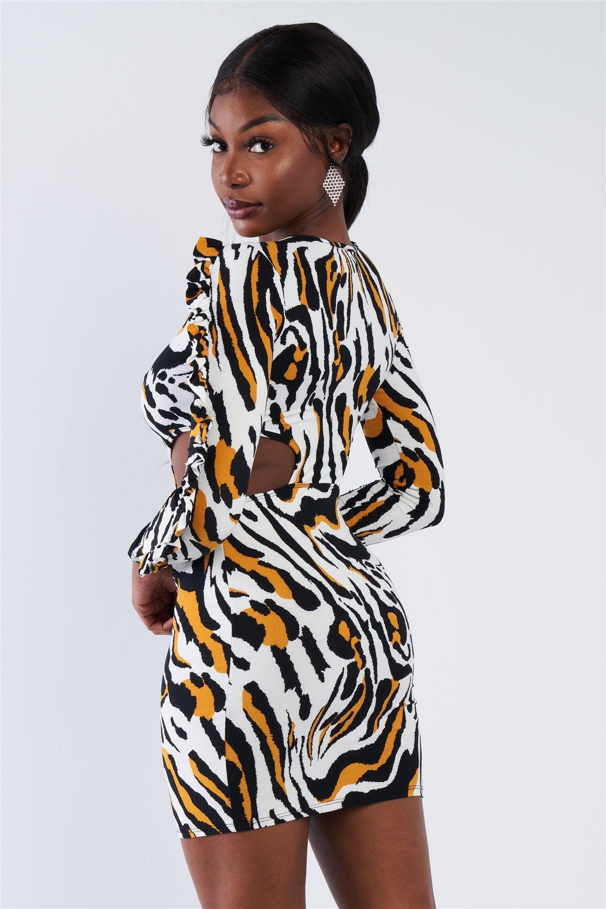 Yellow Zebra Cut-Out Flounce Sleeve Trim Mini Dress