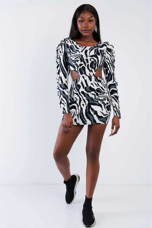 Zebra Cut-Out Flounce Sleeve Trim Mini Dress /2-2-2 - Tasha Apparel Wholesale