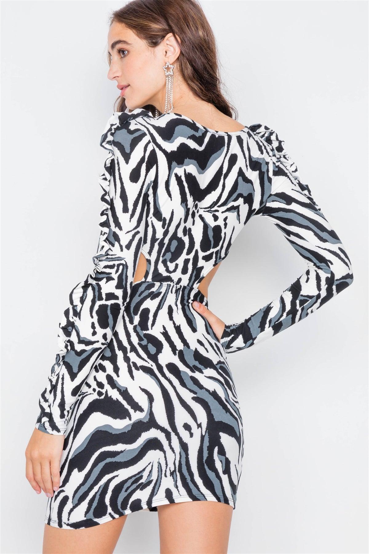 Zebra Cut-Out Flounce Sleeve Trim Mini Dress /2-2-2