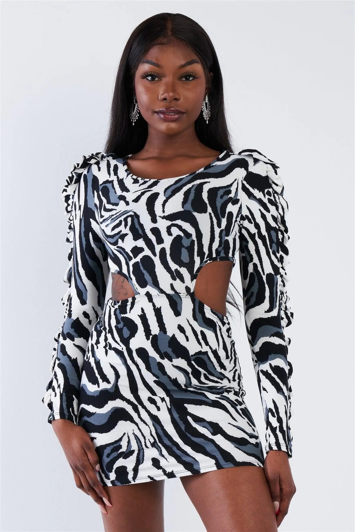 Zebra Cut-Out Flounce Sleeve Trim Mini Dress /2-3-2 - Tasha Apparel Wholesale