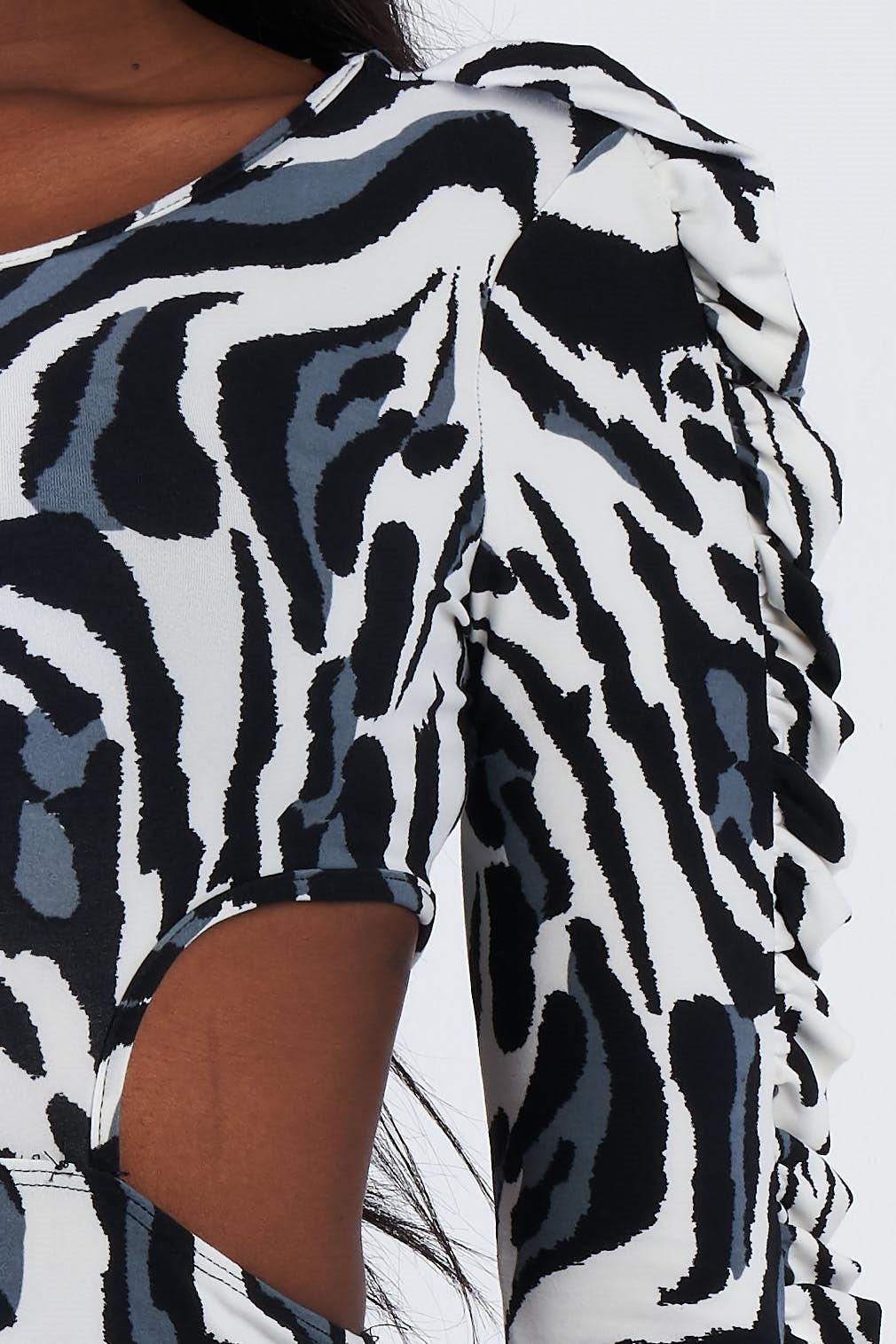 Zebra Cut-Out Flounce Sleeve Trim Mini Dress /2-3-2