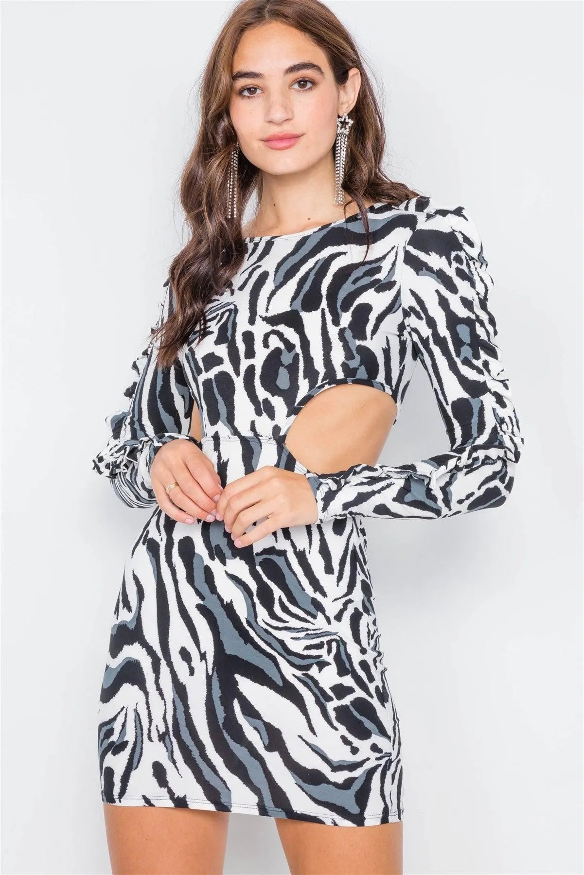 Zebra Cut-Out Flounce Sleeve Trim Mini Dress /2-3-2 - Tasha Apparel Wholesale