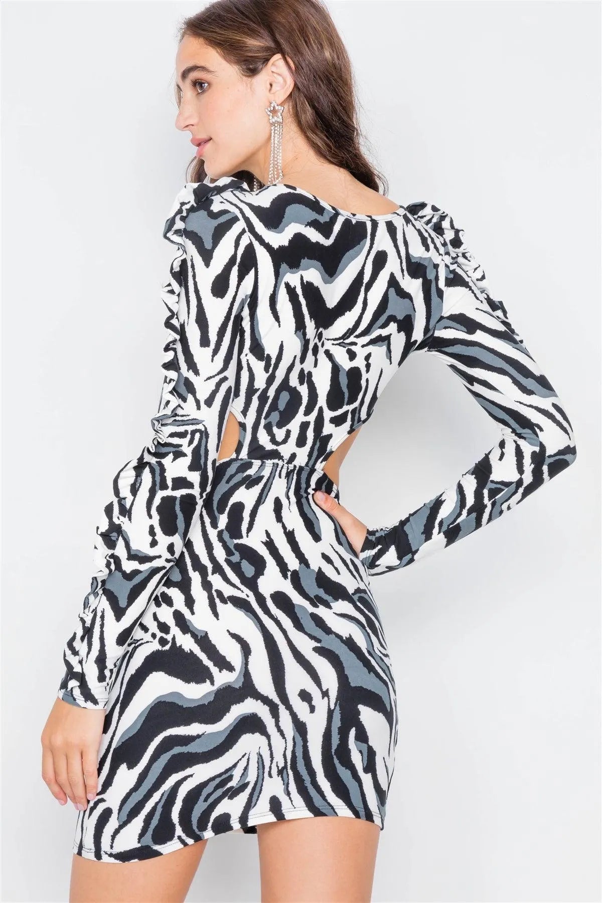 Zebra Cut-Out Flounce Sleeve Trim Mini Dress /2-3-2 - Tasha Apparel Wholesale