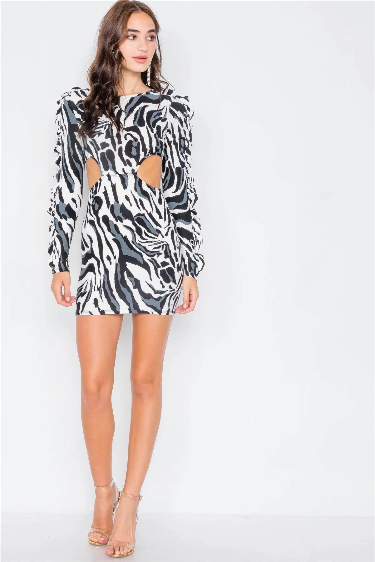 Zebra Cut-Out Flounce Sleeve Trim Mini Dress /2-3-2 - Tasha Apparel Wholesale