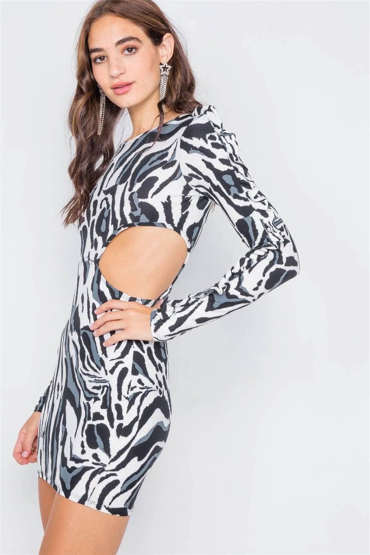 Zebra Cut-Out Flounce Sleeve Trim Mini Dress /2-3-2 - Tasha Apparel Wholesale