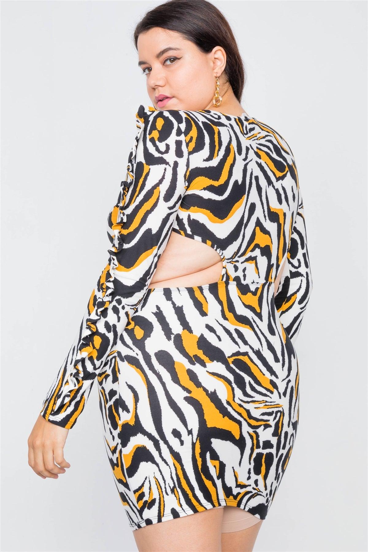 Junior Plus Size Zebra Yellow Print Cut-Out Mini Dress /2-2-2