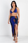 Royal Multi Color Tie-Dye Mesh Triangle Top & Ruched Drawstring Side Midi Skirt Set /3-2-1