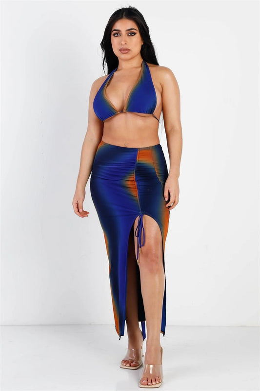 Royal Multi Color Tie-Dye Mesh Triangle Top & Ruched Drawstring Side Midi Skirt Set /3-2-1 - Tasha Apparel Wholesale