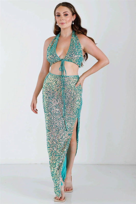 Green Sequin V-Neck Sleeveless Crop Top & High Waist Maxi Skirt Set /3-2-1 - Tasha Apparel Wholesale