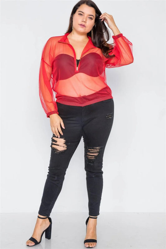 Plus Size Red Sheer Chiffon Front Zipper Jacket /2-2-2 - Tasha Apparel Wholesale