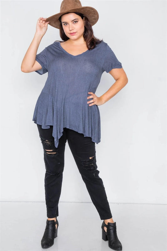Junior Plus Size Indigo High-Low Relaxed Fit Raw Hem Top /1-2-2 - Tasha Apparel Wholesale
