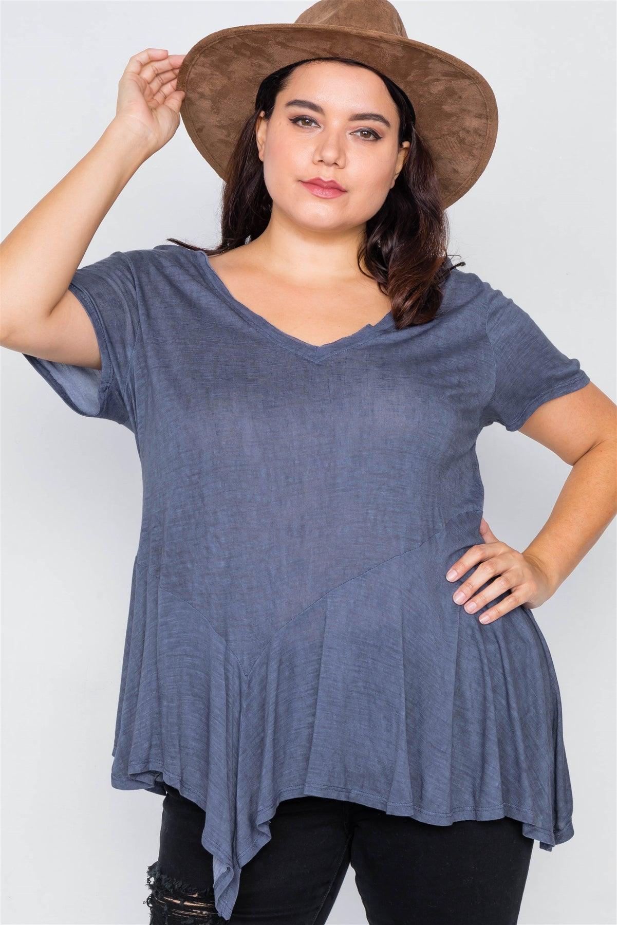 Junior Plus Size Indigo High-Low Relaxed Fit Raw Hem Top /1-2-2