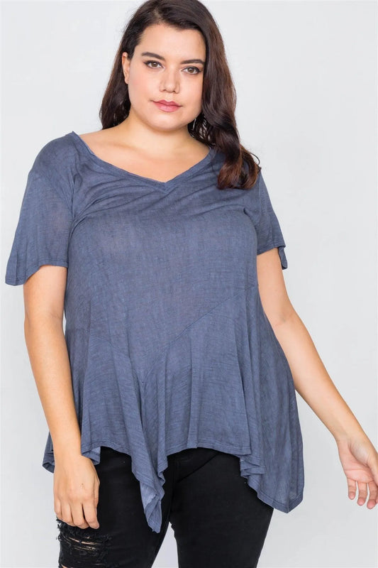 Junior Plus Size Indigo High-Low Relaxed Fit Raw Hem Top /2-2-2 - Tasha Apparel Wholesale