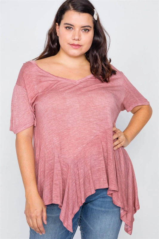 Junior Plus Size Rust High-Low Relaxed Fit Raw Hem Top /2-2-2 - Tasha Apparel Wholesale