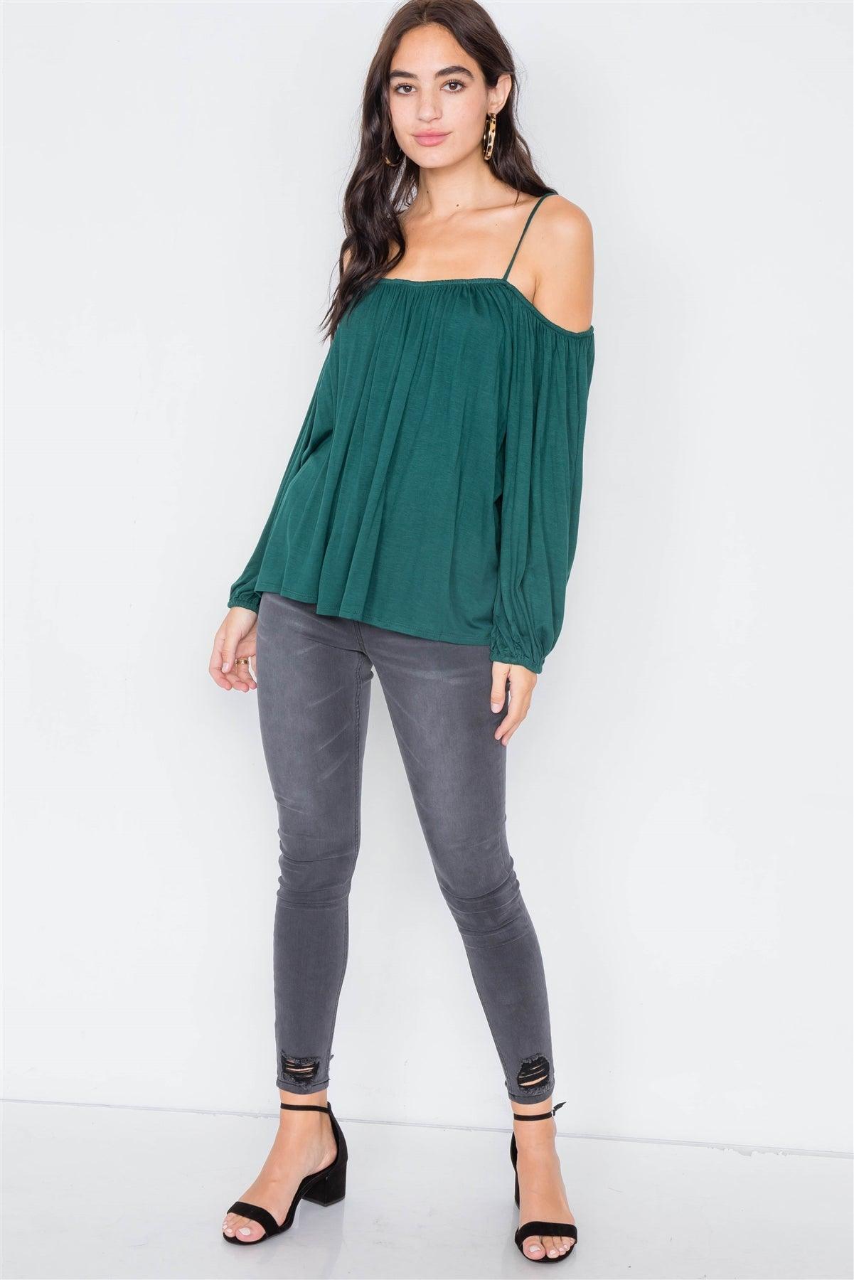 Heather Green Off-The-Shoulder High-Low Relaxed Fit Belle Sleeve Top /2-2-2