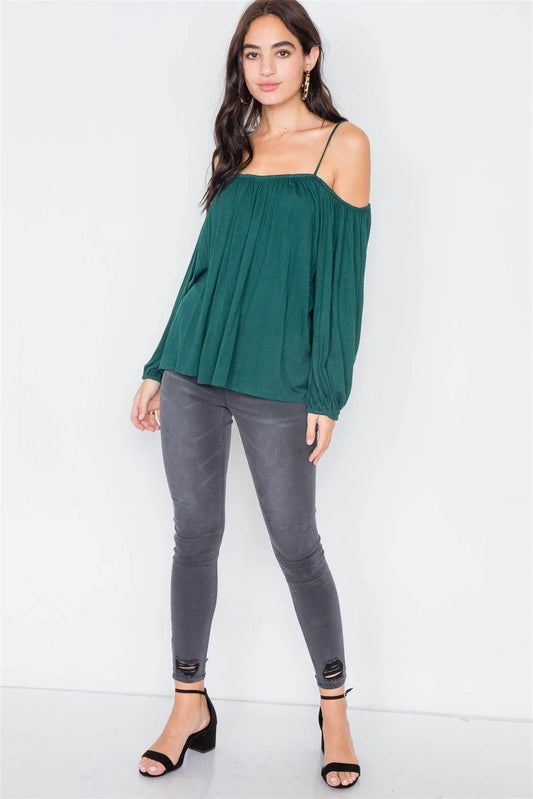 Heather Green Off-The-Shoulder High-Low Relaxed Fit Belle Sleeve Top /2-2-2 - Tasha Apparel Wholesale