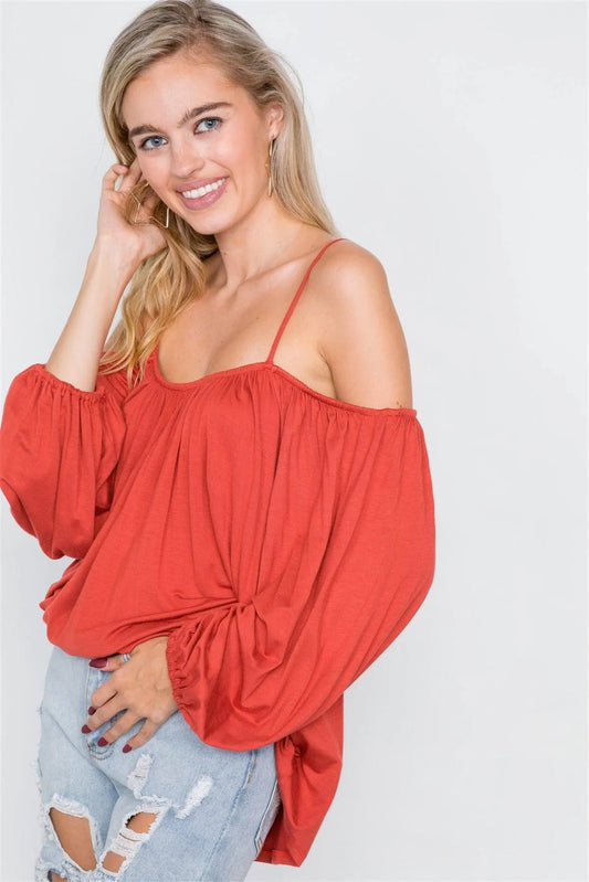 Rust Off-The-Shoulder High-Low Relaxed Fit Belle Sleeve Top /2-2-2 - Tasha Apparel Wholesale
