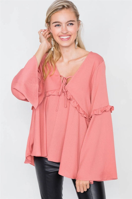 Mauve Flounce Belle Sleeve Lace-Up V-Neck Blouse /1-1-2 - Tasha Apparel Wholesale
