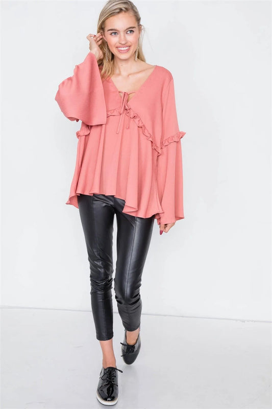 Mauve Flounce Belle Sleeve Lace-Up V-Neck Blouse /2-2-2 - Tasha Apparel Wholesale
