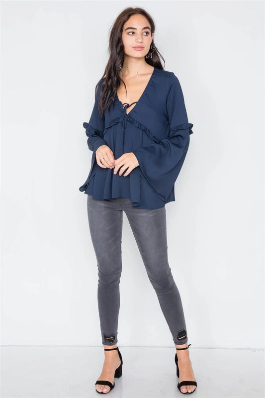 Navy Flounce Belle Sleeve Lace-Up V-Neck Blouse /2-3 - Tasha Apparel Wholesale