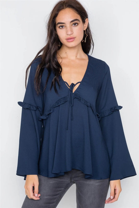 Navy Flounce Belle Sleeve Lace-Up V-Neck Blouse /2-2-2 - Tasha Apparel Wholesale