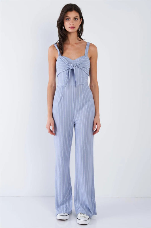 Powder Blue & White Stripe Front and Back Bow Cotton Wide Leg Jumpsuit /1-2-2-1 - Tasha Apparel Wholesale