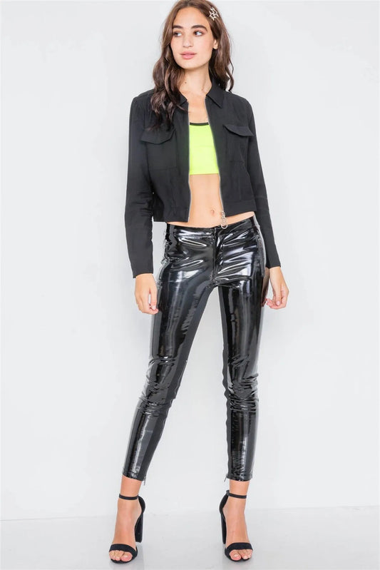 Black Double Zipper Crop Cargo Jacket /2-2-2 - Tasha Apparel Wholesale
