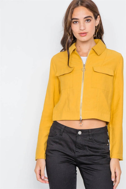 Mustard Double Zipper Crop Cargo Jacket /2-2-2 - Tasha Apparel Wholesale