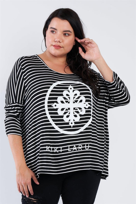 Junior Plus Size Black White Stripe Scoop Neck Relaxed Fit "KIKI LARUE" Top /2-2-1 - Tasha Apparel Wholesale