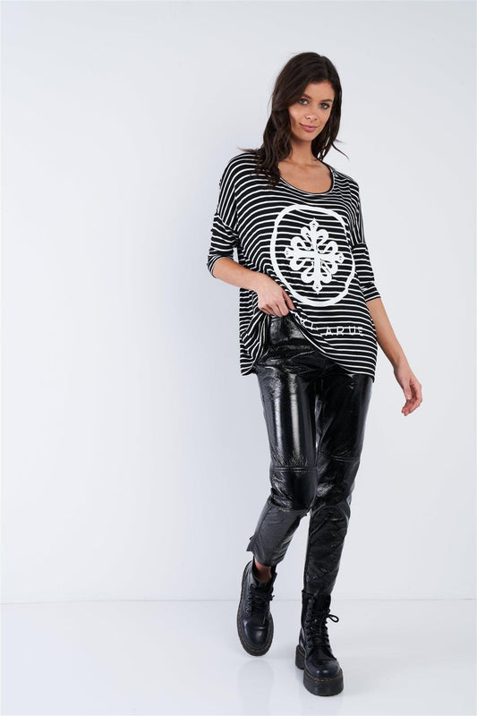 Black White Stripe Scoop Neck Relaxed Fit "KIKI LARUE" Top /1-2-3 - Tasha Apparel Wholesale
