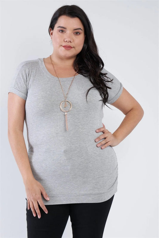 Plus Size Grey Short Sleeve Scoop Neck Side Ruched Top - Tasha Apparel Wholesale