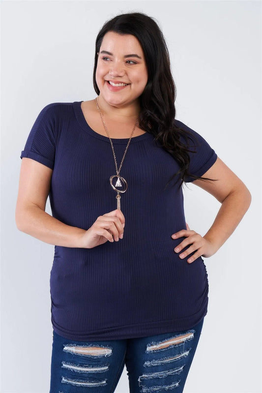 Junior Plus Size Navy Blue Short Sleeve Scoop Neck Side Ruched Top - Tasha Apparel Wholesale