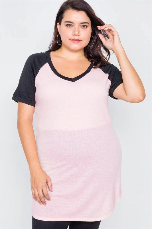Junior Plus Size Pink & Black Washed Round Hem Shirt Dress /2-2-2 - Tasha Apparel Wholesale