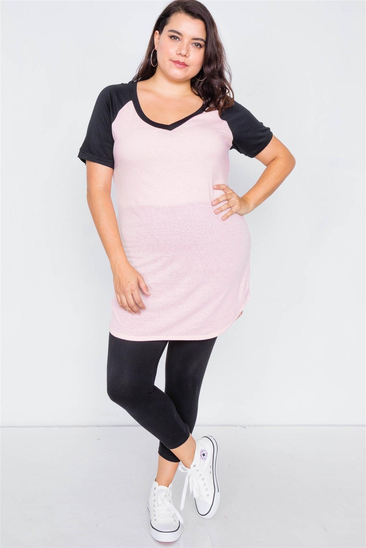 Junior Plus Size Pink & Black Washed Round Hem Shirt Dress  /3-3