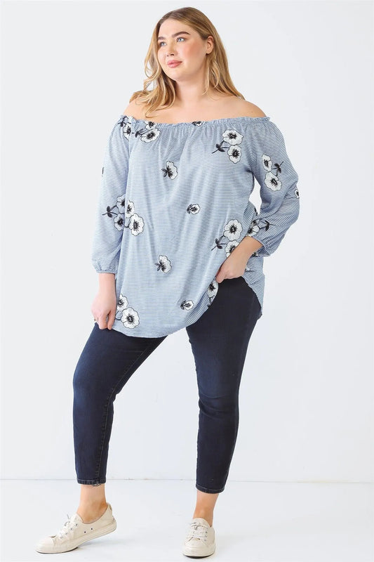 Junior Plus Blue Stripe & Flower Print Off-The-Shoulder Midi Sleeve Top /1-1-1 - Tasha Apparel Wholesale