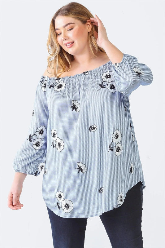 Junior Plus Blue Stripe & Flower Print Off-The-Shoulder Midi Sleeve Top /1-2-1 - Tasha Apparel Wholesale