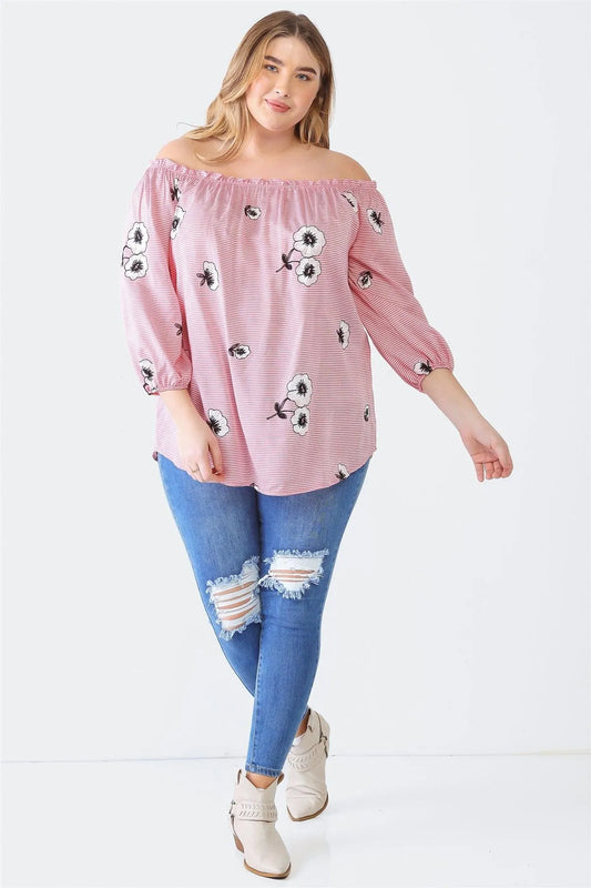 Junior Plus Red Stripe & Flower Print Off-The-Shoulder Midi Sleeve Top /1-1-1 - Tasha Apparel Wholesale