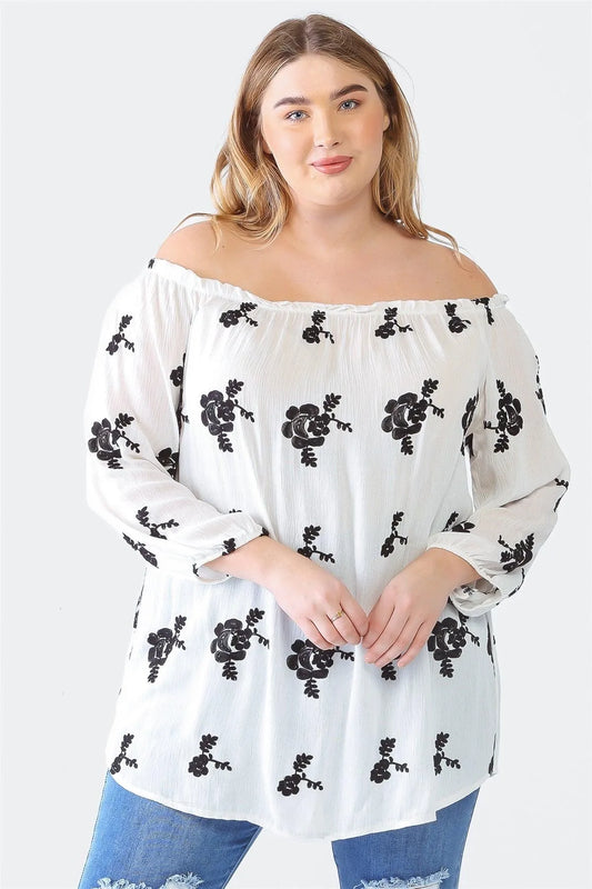 Junior Plus White & Black Flower Print Off-The-Shoulder Midi Sleeve Top /1-1-1 - Tasha Apparel Wholesale