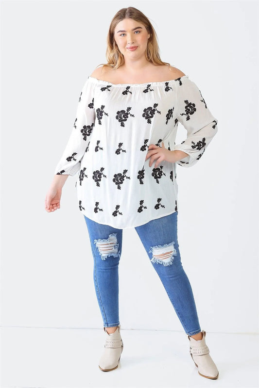 Junior Plus White & Black Flower Print Off-The-Shoulder Midi Sleeve Top /1-2-2 - Tasha Apparel Wholesale