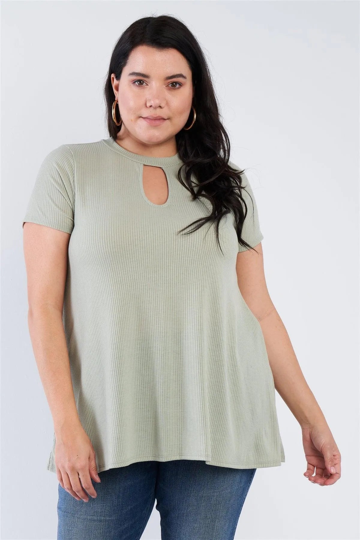 Junior Plus Size Sage Open Keyhole Short Sleeve Top - Tasha Apparel Wholesale