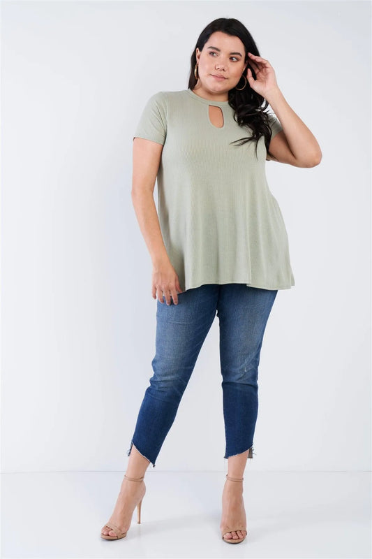 Junior Plus Size Sage Open Keyhole Short Sleeve Top /3-3 - Tasha Apparel Wholesale