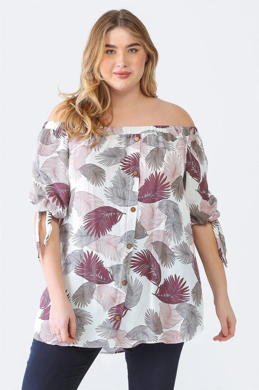 Junior Plus Cream Pink Palm Leaves Print Button-Up Off-The-Shoulder Short Sleeve Top /1-1-1 - Tasha Apparel Wholesale