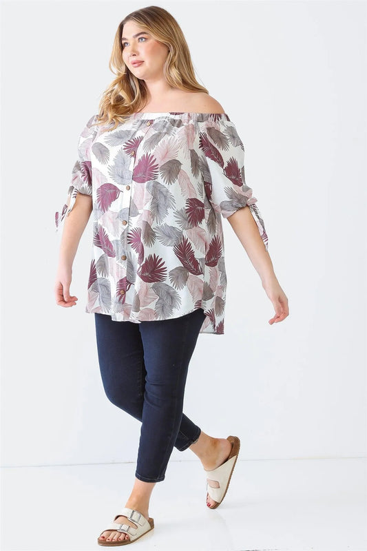 Junior Plus Cream Pink Palm Leaves Print Button-Up Off-The-Shoulder Short Sleeve Top /2-2 - Tasha Apparel Wholesale