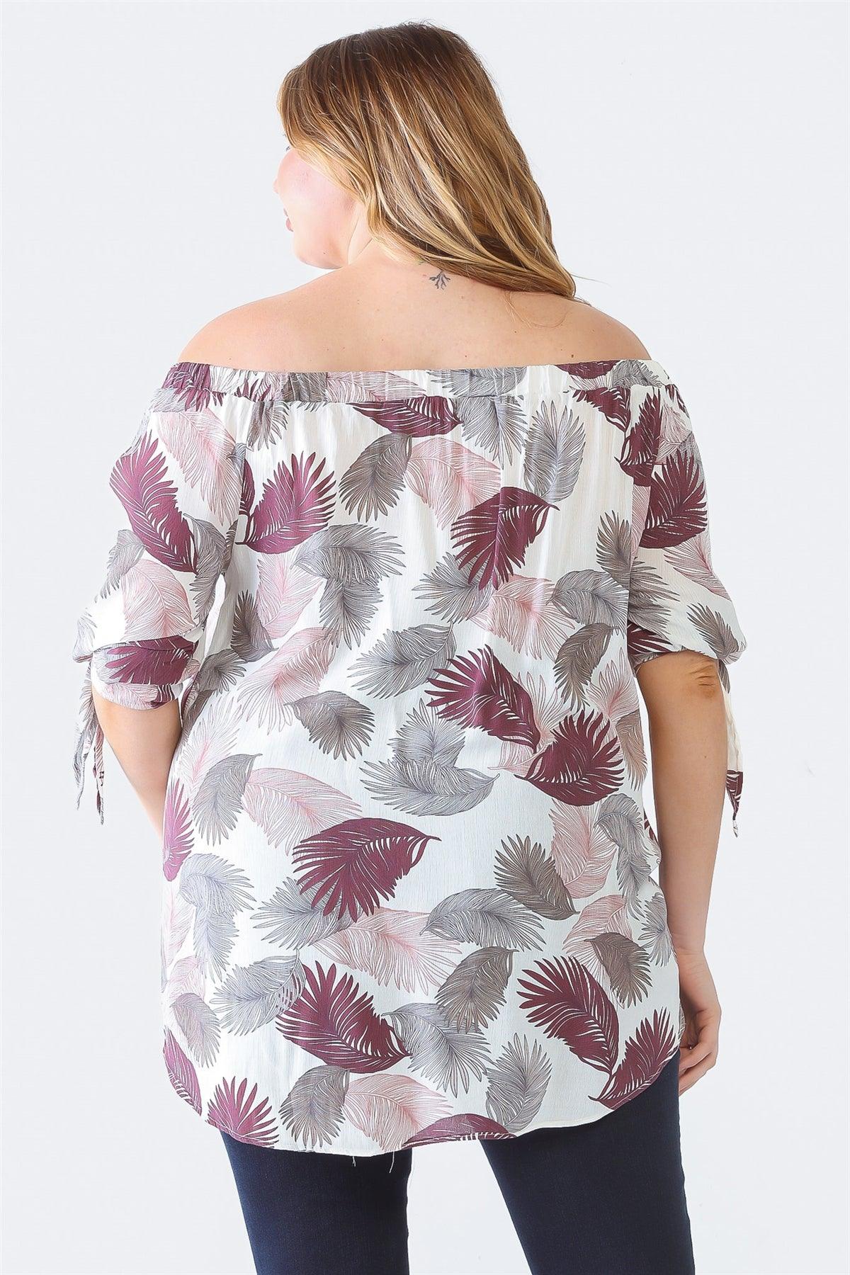 Junior Plus Cream Pink Palm Leaves Print Button-Up Off-The-Shoulder Short Sleeve Top /2-2