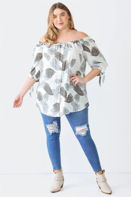 Junior Plus Cream Sage Palm Leaves Print Button-Up Off-The-Shoulder Short Sleeve Top /2-1-1 - Tasha Apparel Wholesale