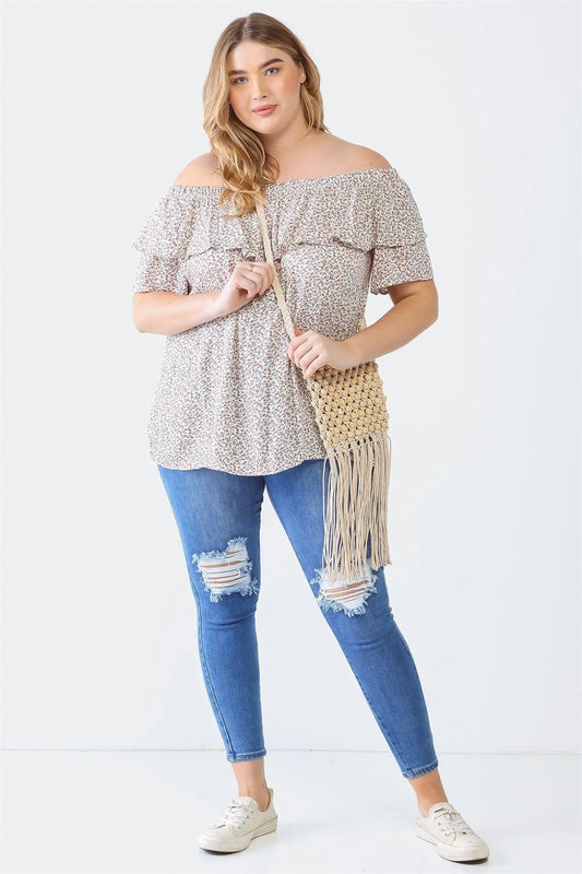 Junior Plus Cream Mauve Floral Print Off-The-Shoulder Short Sleeve Top /1-1-1 - Tasha Apparel Wholesale