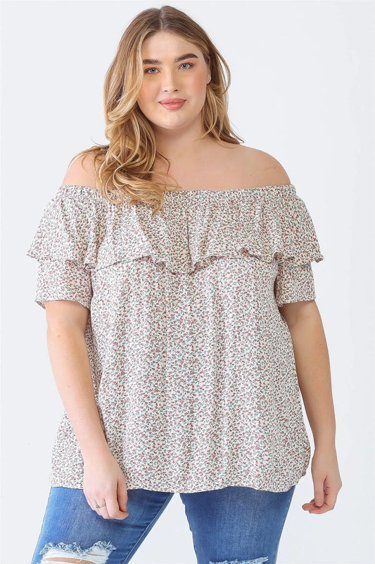 Junior Plus Cream Mauve Floral Print Off-The-Shoulder Short Sleeve Top /2-2-1 - Tasha Apparel Wholesale