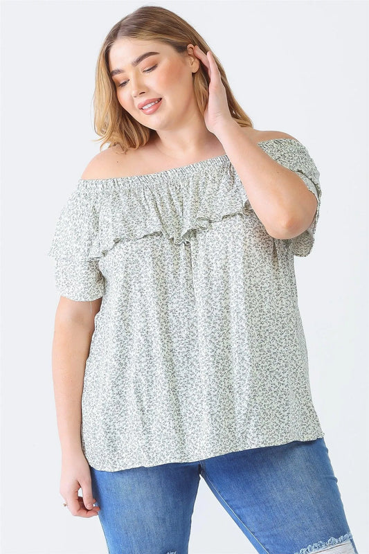 Junior Plus Cream Sage Floral Print Off-The-Shoulder Short Sleeve Top /1-1-1 - Tasha Apparel Wholesale