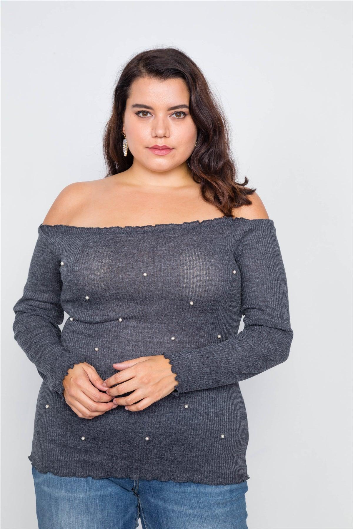Junior Plus Size Charcoal & Pearl Ribbed Scallop Hem Off-The-Shoulder Top